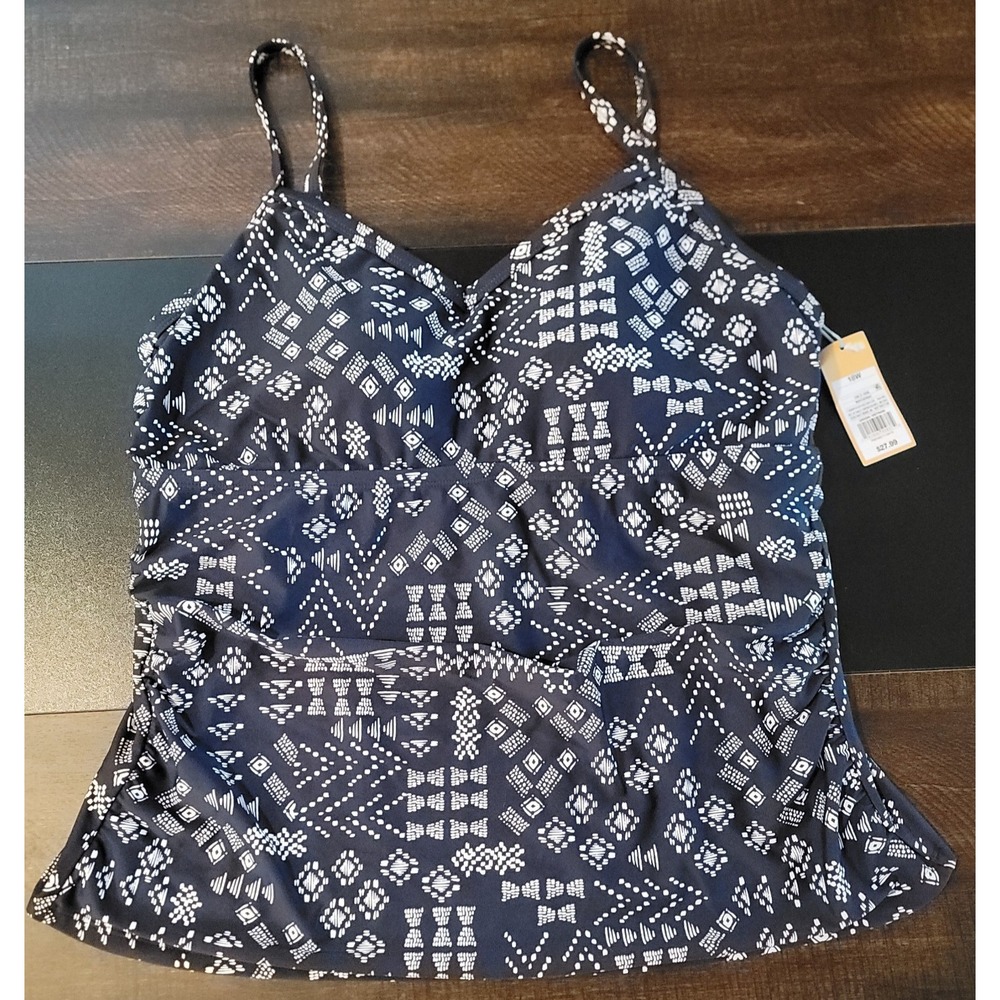Kona Sol Ruched Shirred Tankini Swim Top Bra Navy Blue‎ White Plus Size 18W NEW
